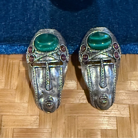 Vintage Jewelry - Vintage Silver and Green Earrings Ethnic Tribal African Mask Cabochon Clip On
